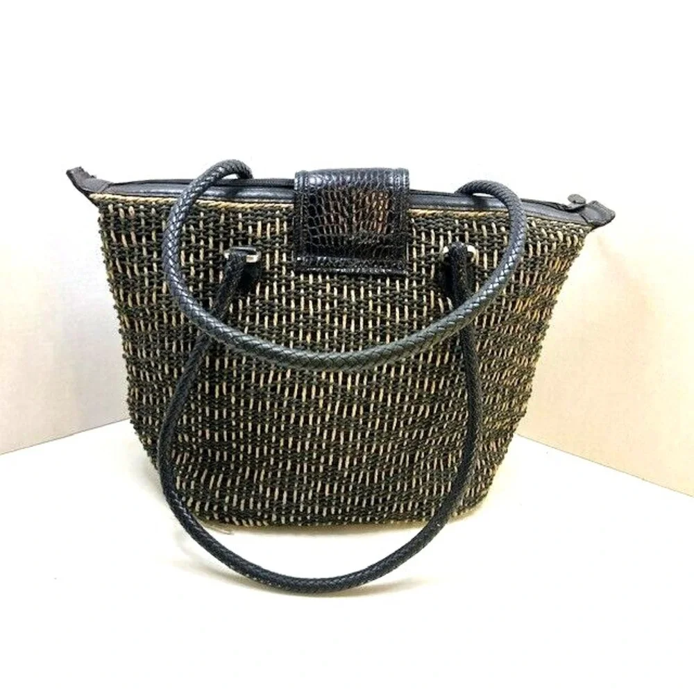 Brighton Women's Woven Black Leather Braided Strap Charm Straw Handbag Purse 14